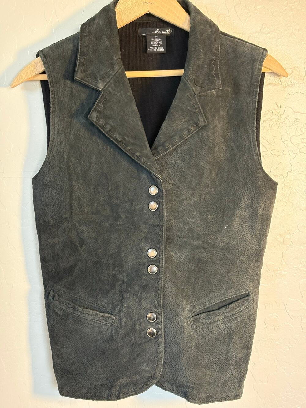 Vtg Willi Smith Suede Western Vest Black Embroidered Snap Front Boho Witchy M